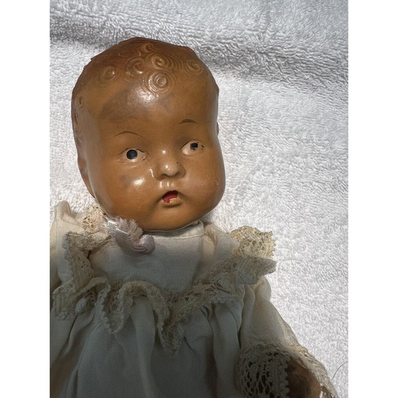 Antique 30s Composition RubberBand Doll 9" in size- original Dress -rareFragile - Picture 10 of 16
